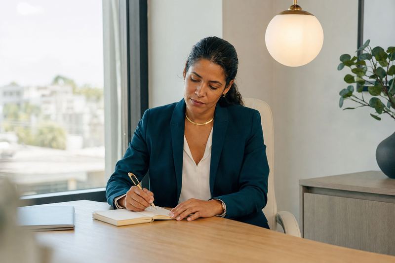 Médica escrevendo à mão na mesa do consultório