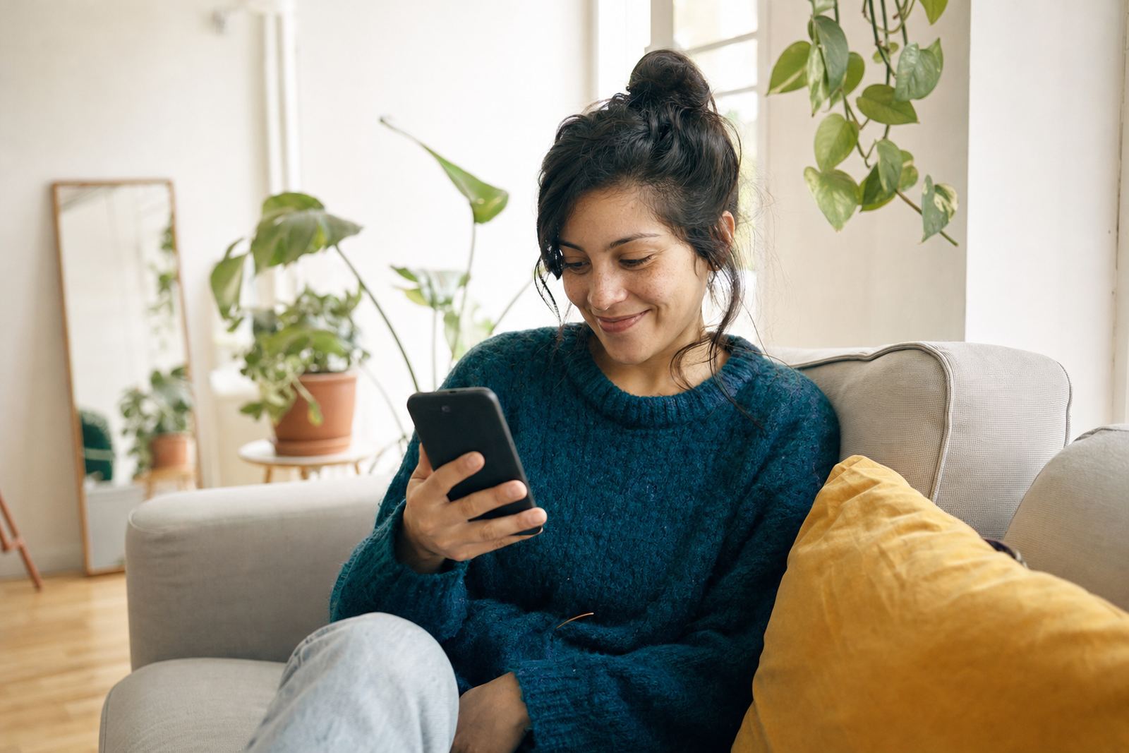 Designer sorrindo ao ler uma mensagem no celular, sentada no sofá